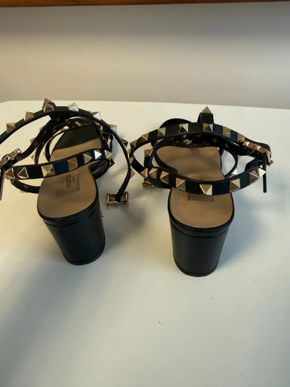 Valentino Garavani Rockstud Black Leather Block Heel Sandal 37.5